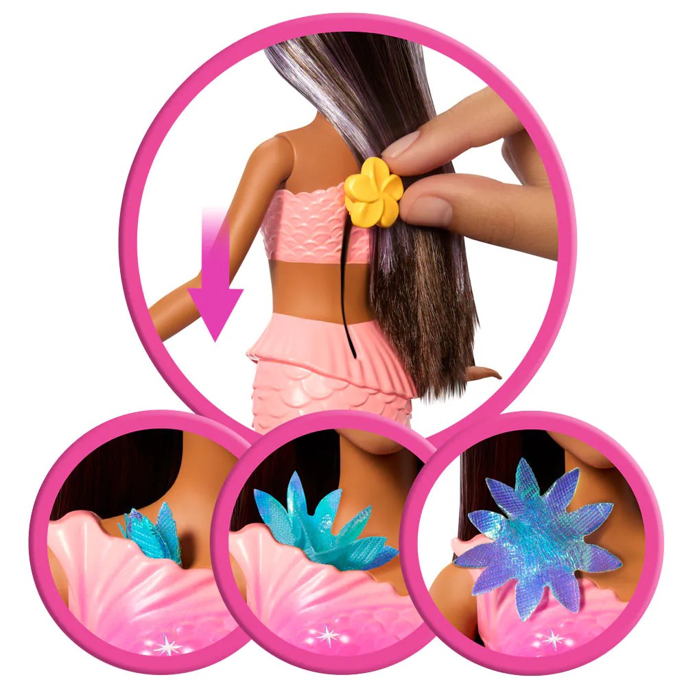 Papusa Barbie Sirena cu Flori Magice cu par brunet - poza 3