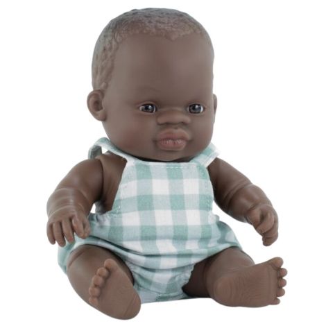 Papusa bebelus baiat african 21 cm cu salopeta pepit, corp parfumat, colectia My Friends and Me - poza 1