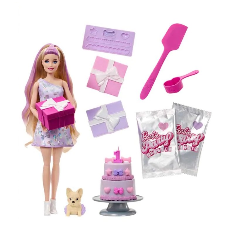 Papusa blonda cu 10 accesorii surpriza Barbie Party Unboxed Reveal - poza 1