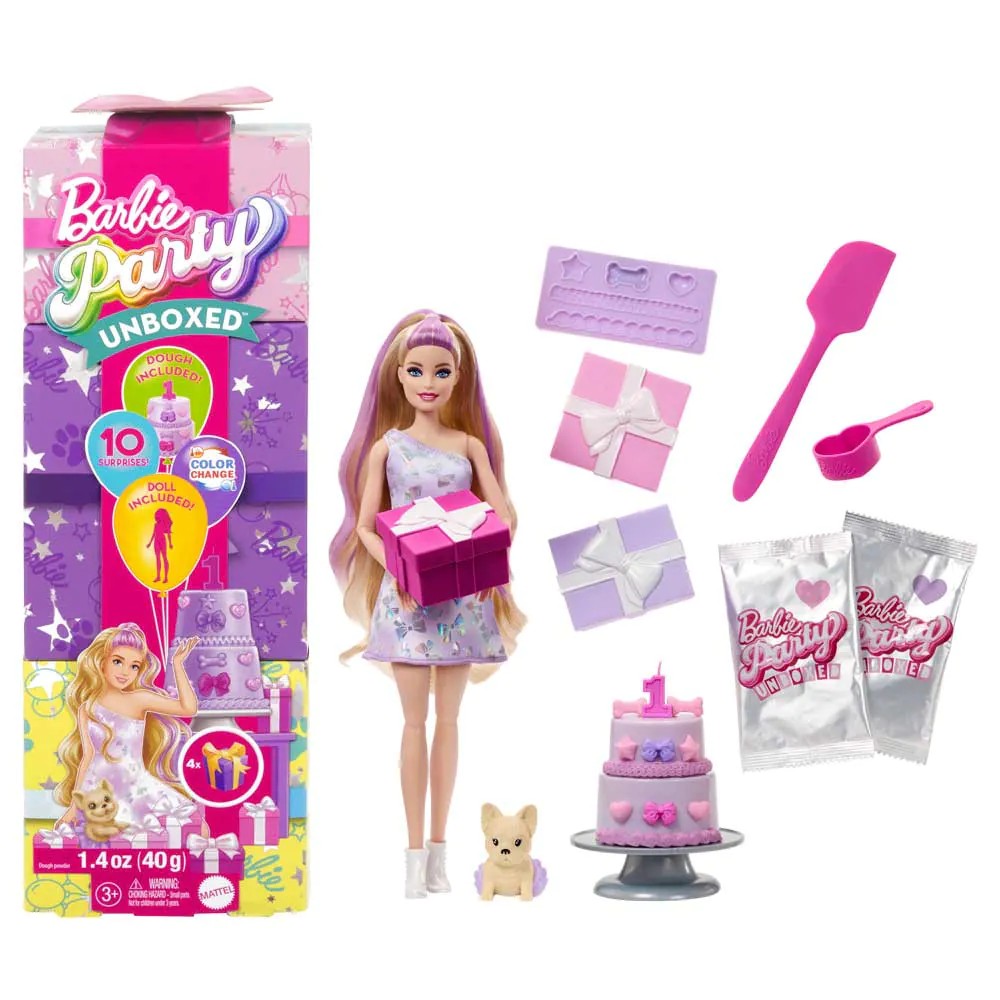Papusa blonda cu 10 accesorii surpriza Barbie Party Unboxed Reveal - poza 2