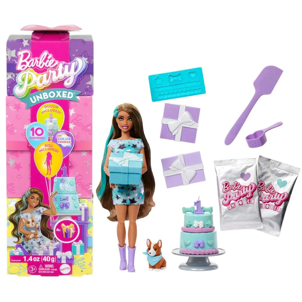 Papusa bruneta cu 10 accesorii surpriza Barbie Party Unboxed Reveal - poza 1