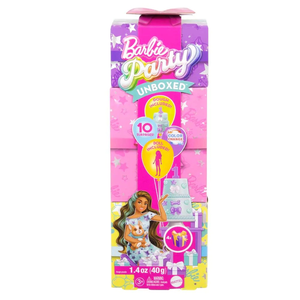 Papusa bruneta cu 10 accesorii surpriza Barbie Party Unboxed Reveal - poza 2