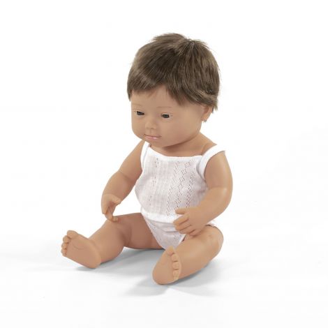 Papusa educationala 38 cm Baietel European cu Sindrom Down - poza 1