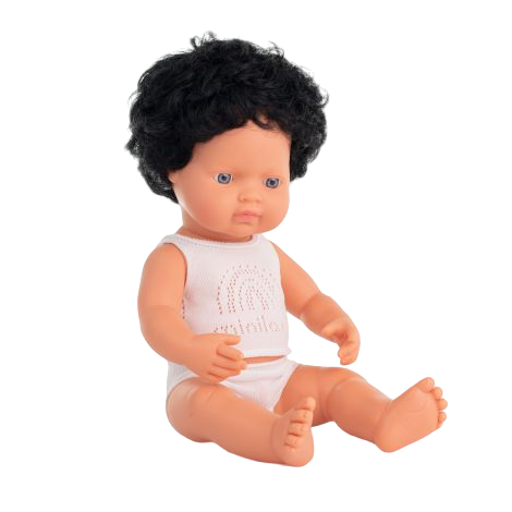 Papusa educativa 38 cm Baiat caucazian cu par negru si ondulat - poza 1