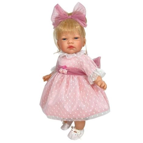 Papusa Nines D Onil, Celia, cu parul blond, cu rochie roz plumeti, cu miros de vanilie, 45 cm