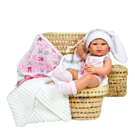 Papusa Nines D'Onil, Little Bunny, bebelus RN, cu hainute roz, cu paturica, cu miros de vanilie, 37 cm - poza 1