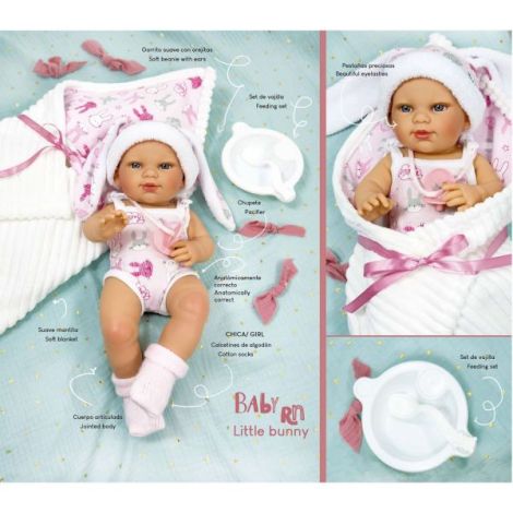 Papusa Nines D'Onil, Little Bunny, bebelus RN, cu hainute roz, cu paturica, cu miros de vanilie, 37 cm - poza 2