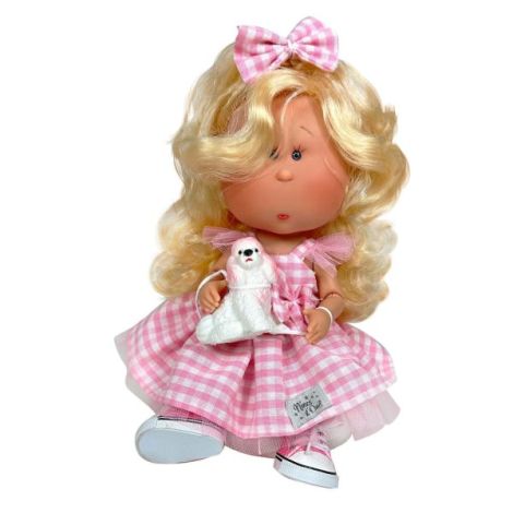 Papusa Nines D'Onil, Mia, cu parul blond, cu catel, cu articulatii, cu miros de vanilie, 30 cm - poza 2