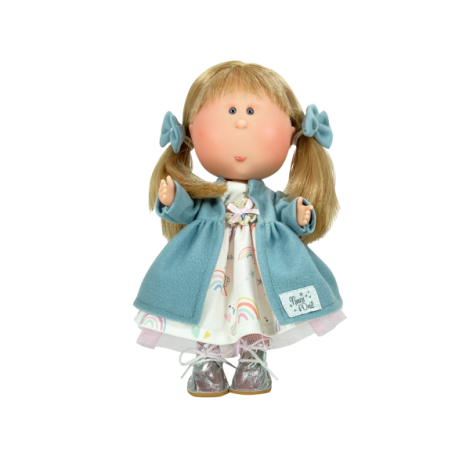 Papusa Nines D'Onil, Mia, cu parul blond si funde albastre, cu articulatii, cu miros de vanilie, 30 cm - poza 1