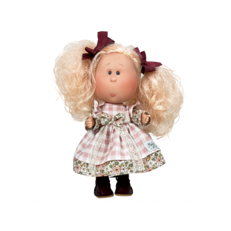 Papusa Nines D'Onil, Mia, cu parul blond si funde rosii, cu articulatii, cu miros de vanilie, 30 cm - poza 1