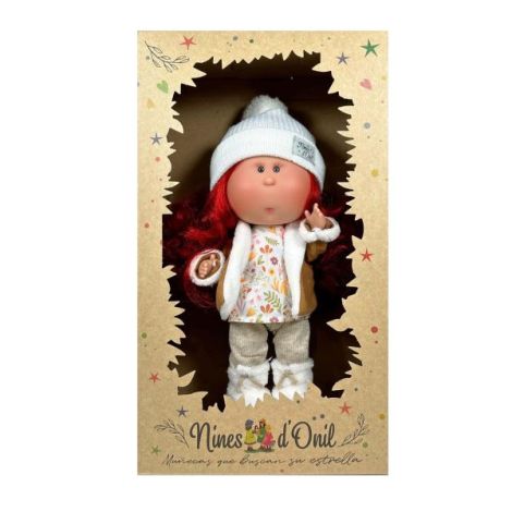 Papusa Nines D'Onil, Mia, cu parul rosu, cu fes alb, cu articulatii, cu miros de vanilie, 30 cm - poza 5