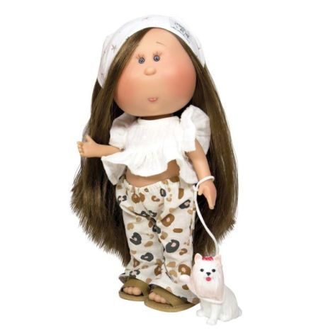 Papusa Nines D'Onil, Mia, cu parul saten drept, cu catel, cu articulatii, cu miros de vanilie, 30 cm - poza 1