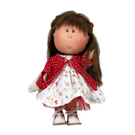 Papusa Nines D'Onil, Mia, cu parul saten si palton rosu, cu articulatii, cu miros de vanilie, 30 cm - poza 1