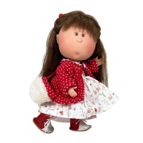 Papusa Nines D'Onil, Mia, cu parul saten si palton rosu, cu articulatii, cu miros de vanilie, 30 cm - poza 2
