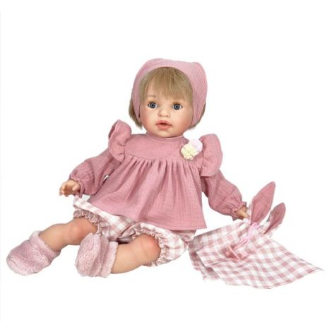 Papusa Nines D Onil, Noa Rosa, cu parul blond, cu sunete, cu rochie roz, ambalata in saculet, cu miros de vanilie, 45 cm - poza 1