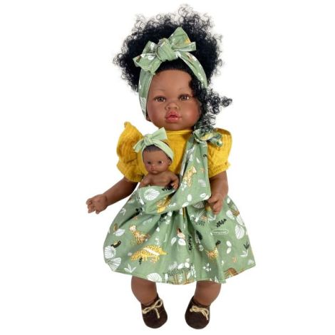 Papusa Nines DOnil, Maria Afro, cu sunete, cu bebelus, cu rochie verde, cu miros de vanilie, 45 cm - poza 1