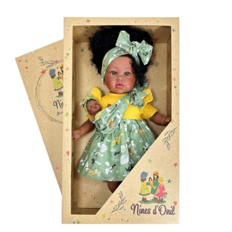 Papusa Nines DOnil, Maria Afro, cu sunete, cu bebelus, cu rochie verde, cu miros de vanilie, 45 cm - poza 3