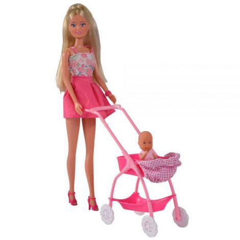 Papusa Simba Steffi Love Baby Walk 29 cm roz cu carucior si accesorii - poza 1