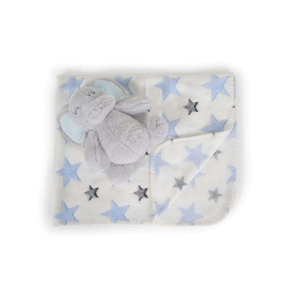Patura cu jucarie de plus pentru bebelusi Cangaroo 90 x 75 cm Elefant Albastru - poza 1