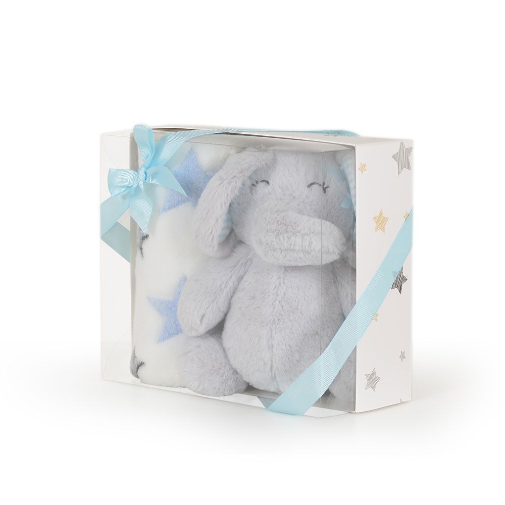 Patura cu jucarie de plus pentru bebelusi Cangaroo 90 x 75 cm Elefant Albastru - poza 2