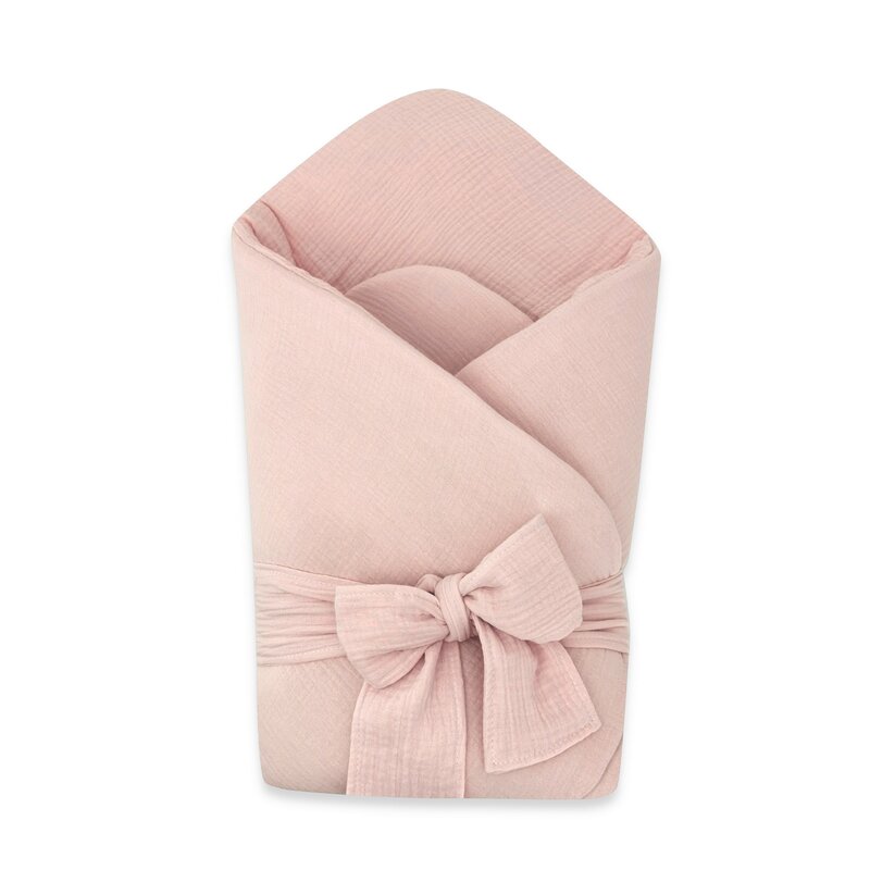 Paturica de infasat, Qmini, Din muselina dubla, Cu inchidere cu panglica, Dimensiune 75x75 cm, Din material certificat Oeko Tex Standard 100, Powder Pink