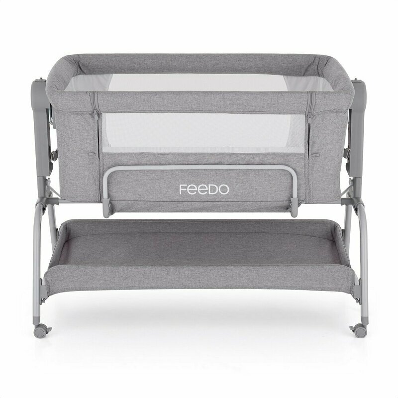 Patut co-sleeper, Feedo, Cu sistem de leganare, Inaltime adjustabila pana la 57-69 cm, sustine pana la 9 kg, 0 luni+ Gri
