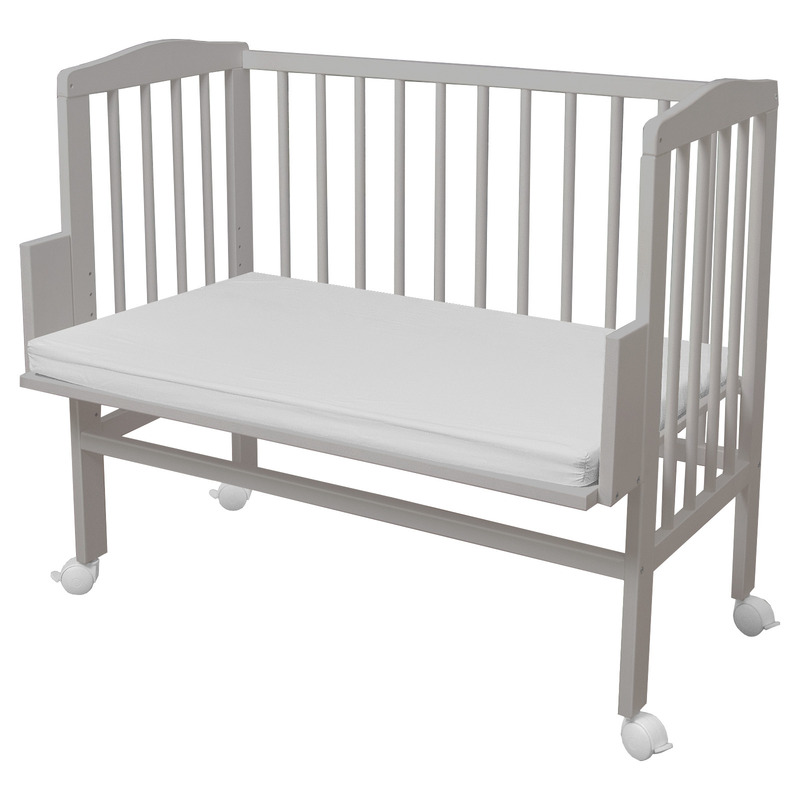 Patut, Waldin, Bedside 2in1 Gri, 90x55 cm, lemn de fag, vopsea certificata, roti blocabile, laterala detasabila, co-sleeping, Saltea inclusa