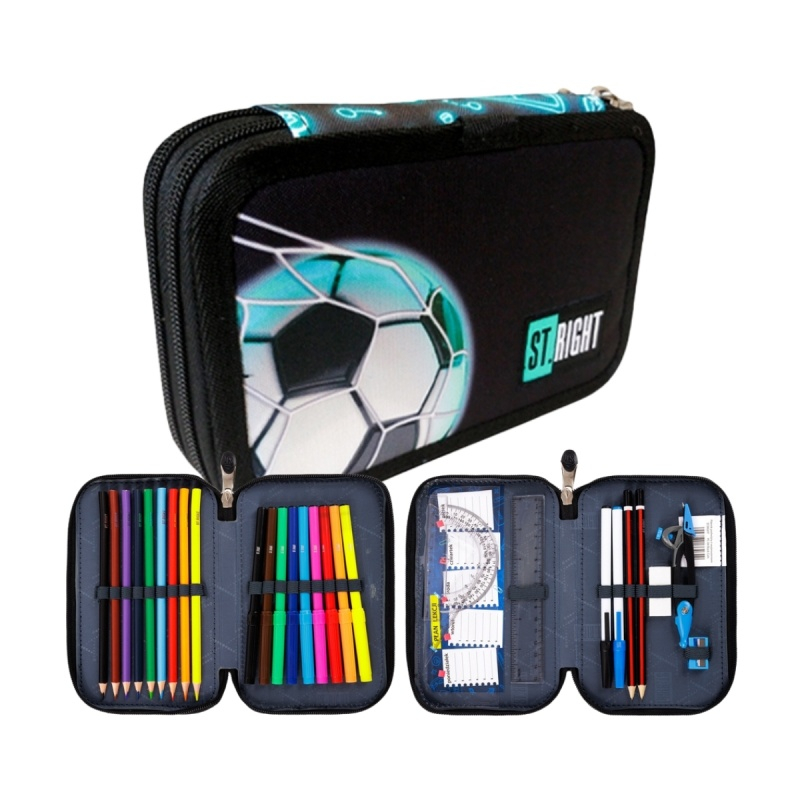 Penar echipat St. Majewski St. Right Neon Football, 2 compartimente, 27 piese, negru cu bleu, 19 x 13 x 4.5 cm