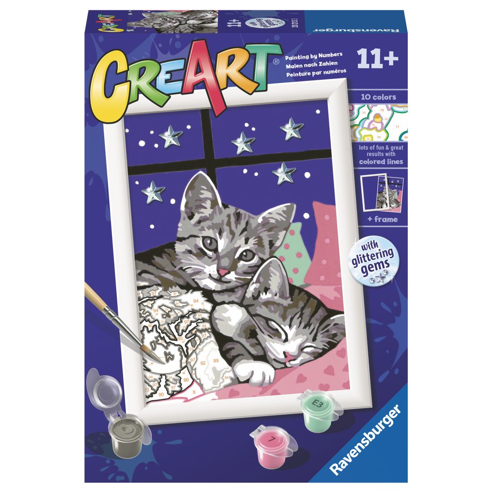 Pictura pe numere pentru copii Ravensburger CreArt pisicute somnoroase cu pietre sclipitoare - poza 1