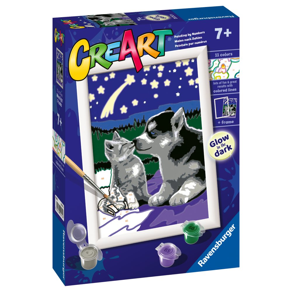 Pictura pe numere pentru copii Ravensburger CreArt Prieteni care stralucesc in intuneric - poza 2