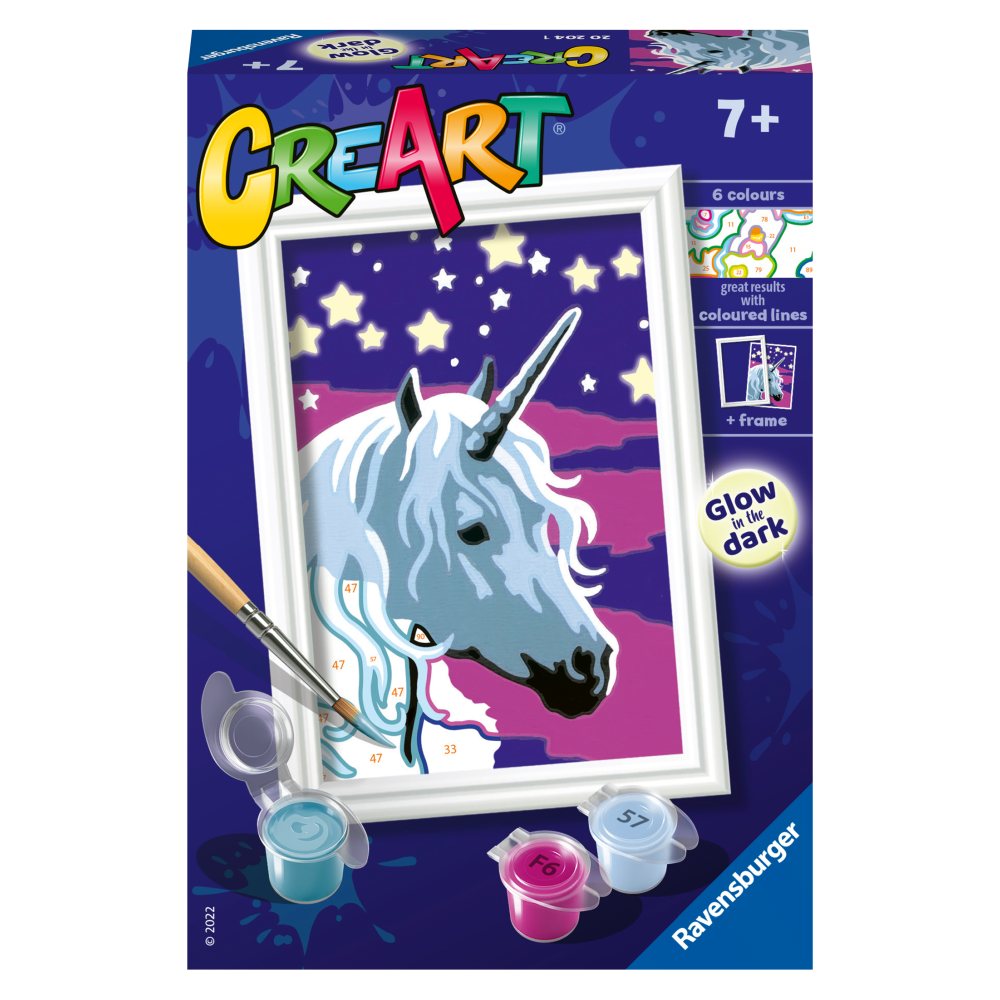 Pictura pe numere pentru copii Ravensburger CreArt Unicorn visator care straluceste in intuneric - poza 1