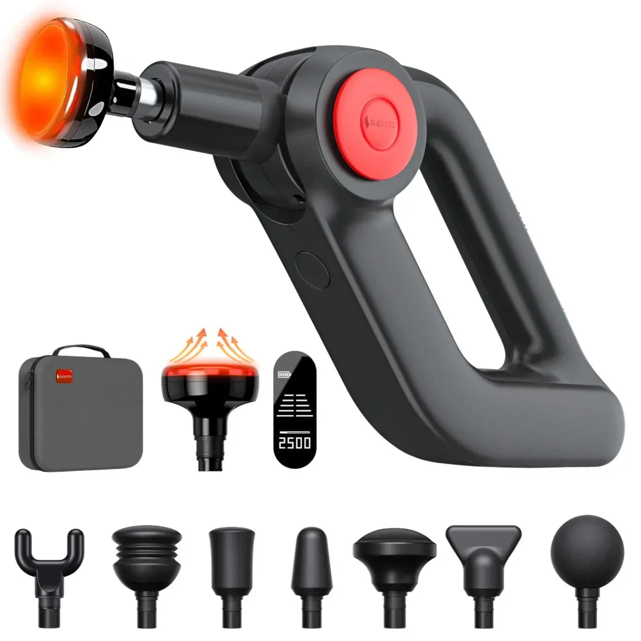Pistol Masaj Premium Suporto F7 Pro, Aparat profesional Sportivi, Fizioterapeuti, Massage Gun pentru Detensionare și Tonifiere, Ameliorare Dureri Musculare, 4 Programe, 8 capete, Cap cu Incalzire, Baterie 4h+, Amplitudine 12 mm, Ecran OLED,