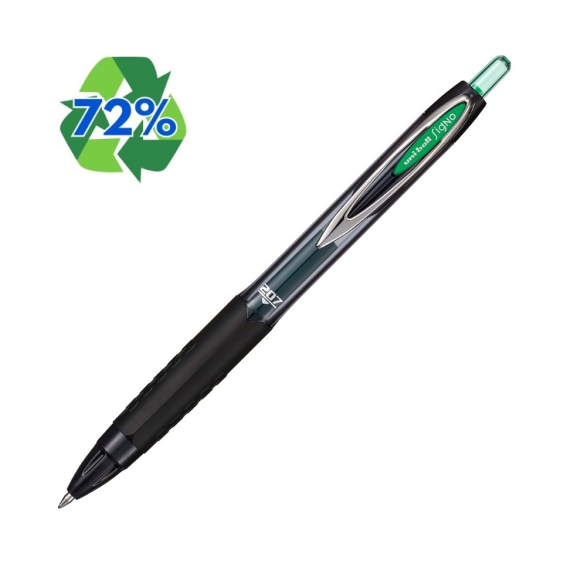 Pix cu gel Uni-ball Signo UMN-207E, 0.7mm, cu mecanism, 72% din materiale reciclate, grip cauciucat,scris verde