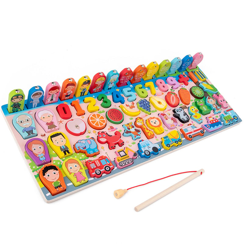 Placa logaritmica educativa din lemn 6 in 1 - cifre, forme, inele, pescuit si sortare Montessori