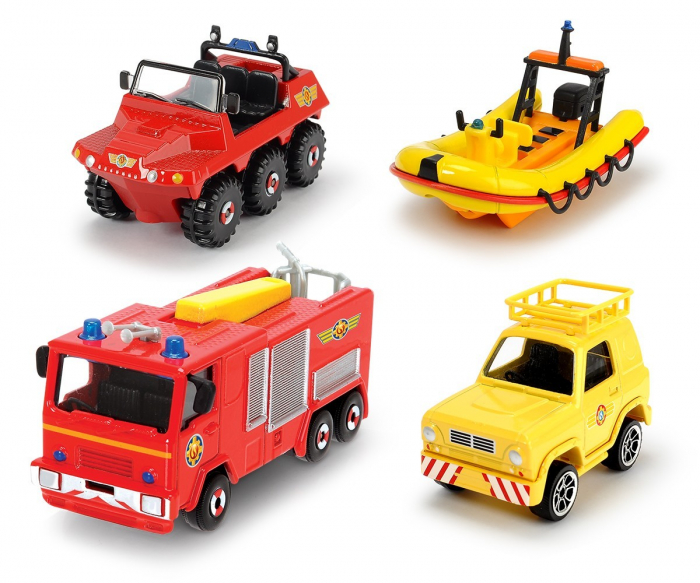 Pompierul Sam Set 4 Vehicule Metal cu Barca 1:64