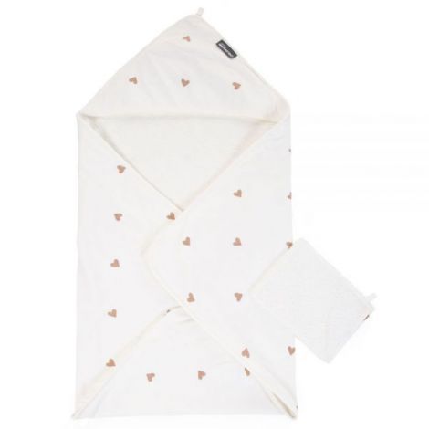 Prosop cu gluga si manusa de baie Childhome Jerse Frotir 80x80 cm, Inimioare - poza 1