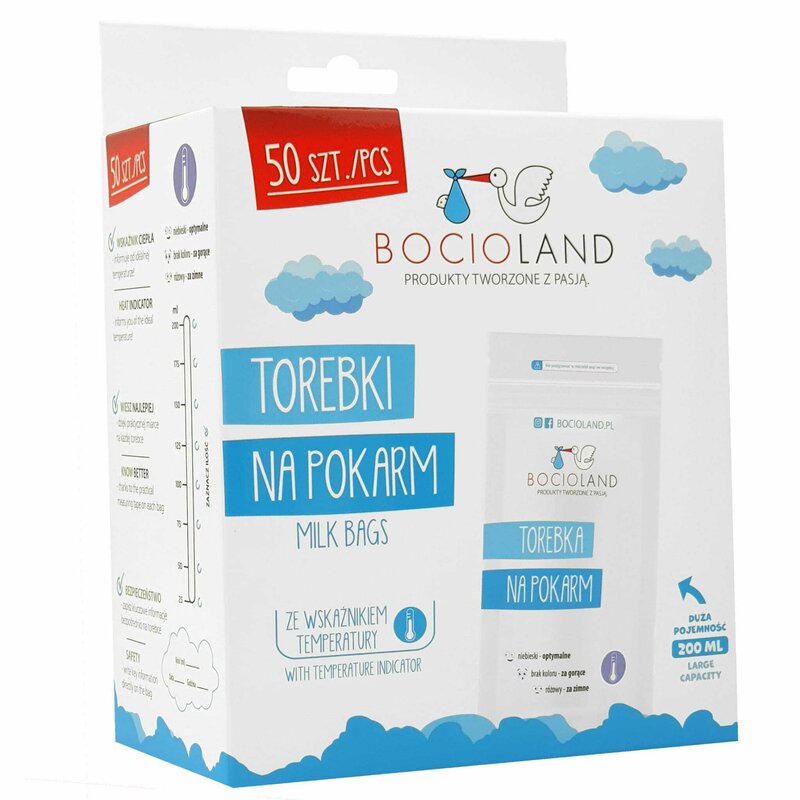 Pungi stocare lapte, Bocioland, 50 buc, Fermoar dublu, 200 ml, Transparent