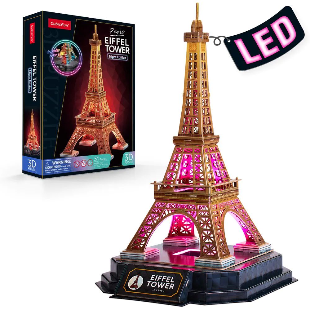 Puzzle 3D Cubic Fun Turnul Eiffel Paris Night Edition cu LED 51 piese - poza 1