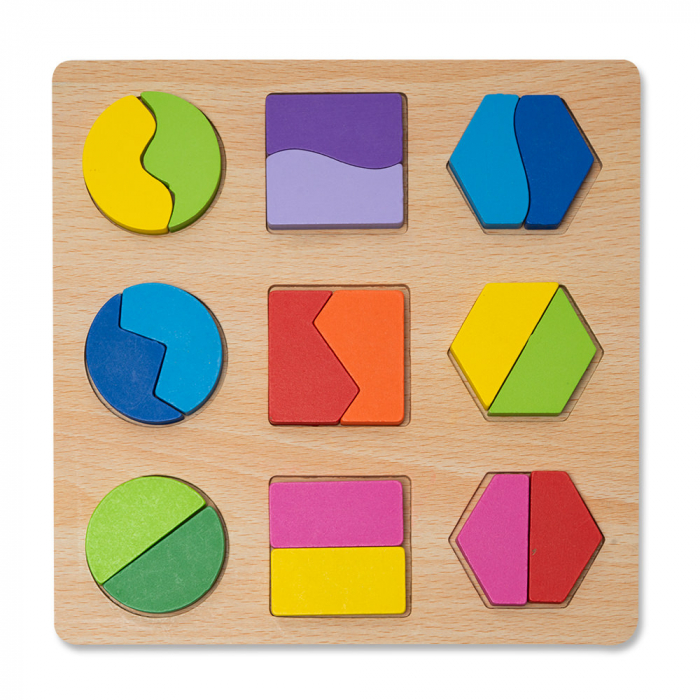 Puzzle 3D din Lemn cu Forme Geometrice Colorate Montessori - RESIGILAT
