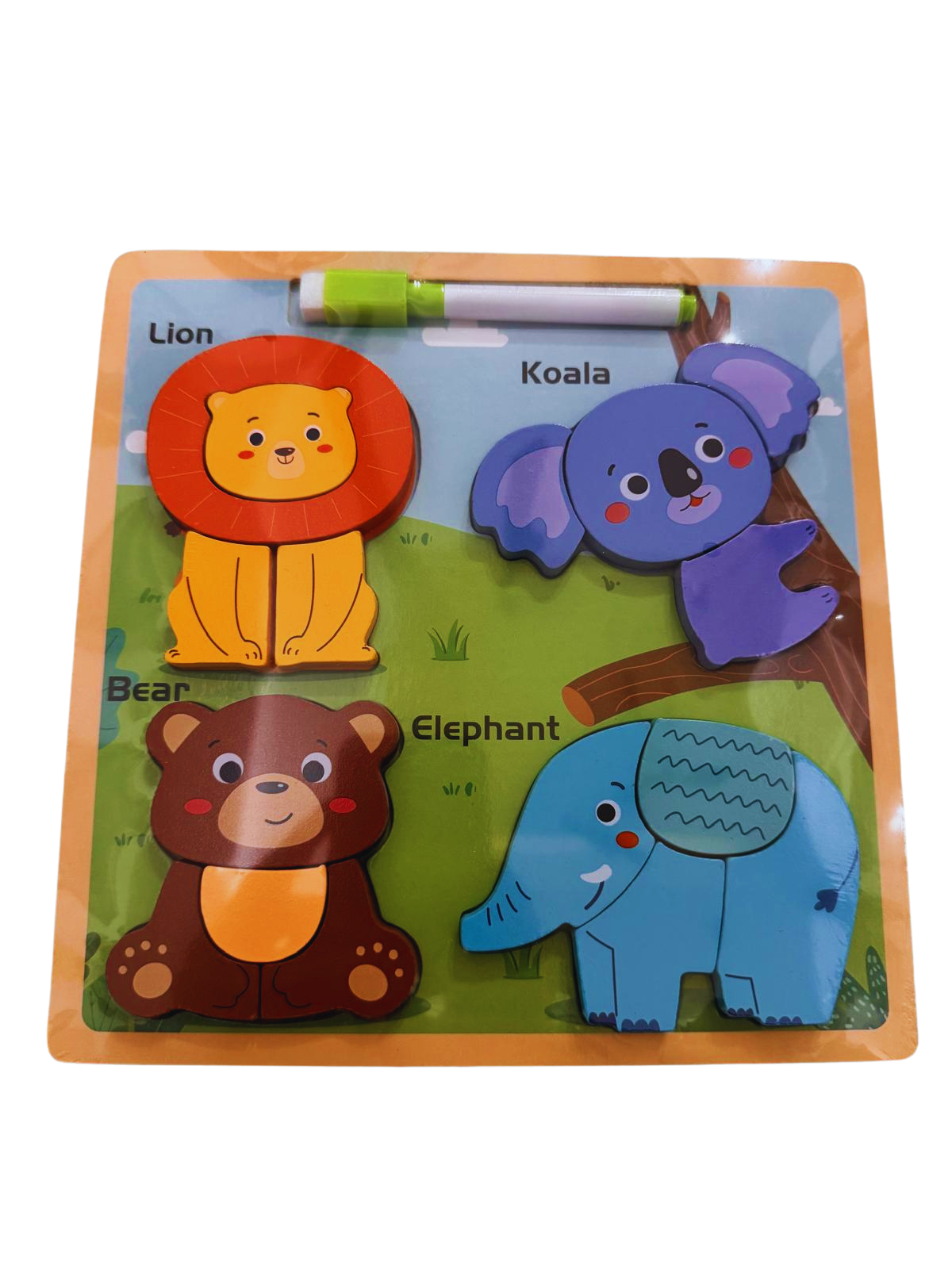 Puzzle din lemn 3D cu animale + tablita de desen cu marker - 16 piese