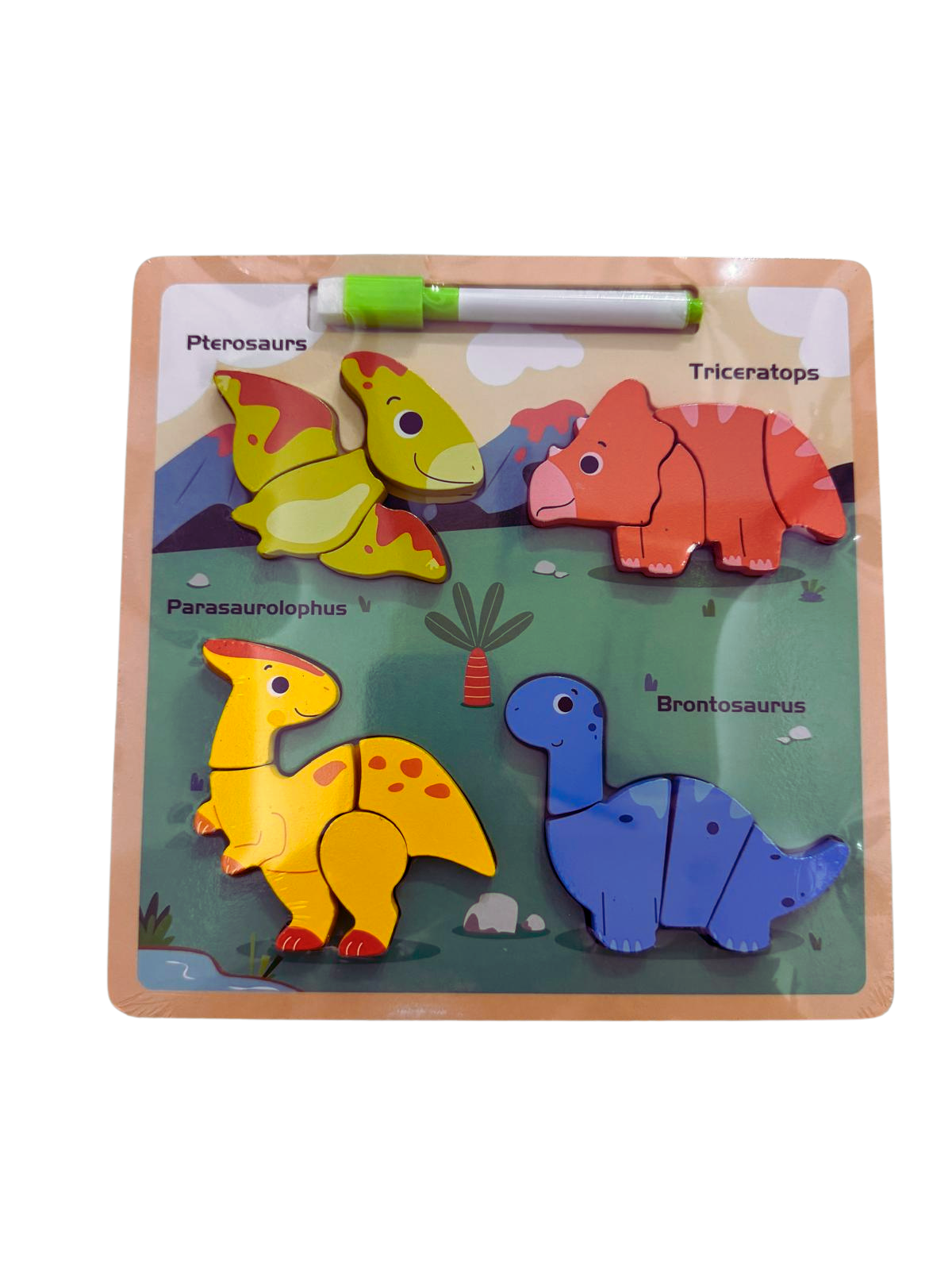 Puzzle din lemn 3D cu dinozauri + tablita de desen cu marker - 16 piese