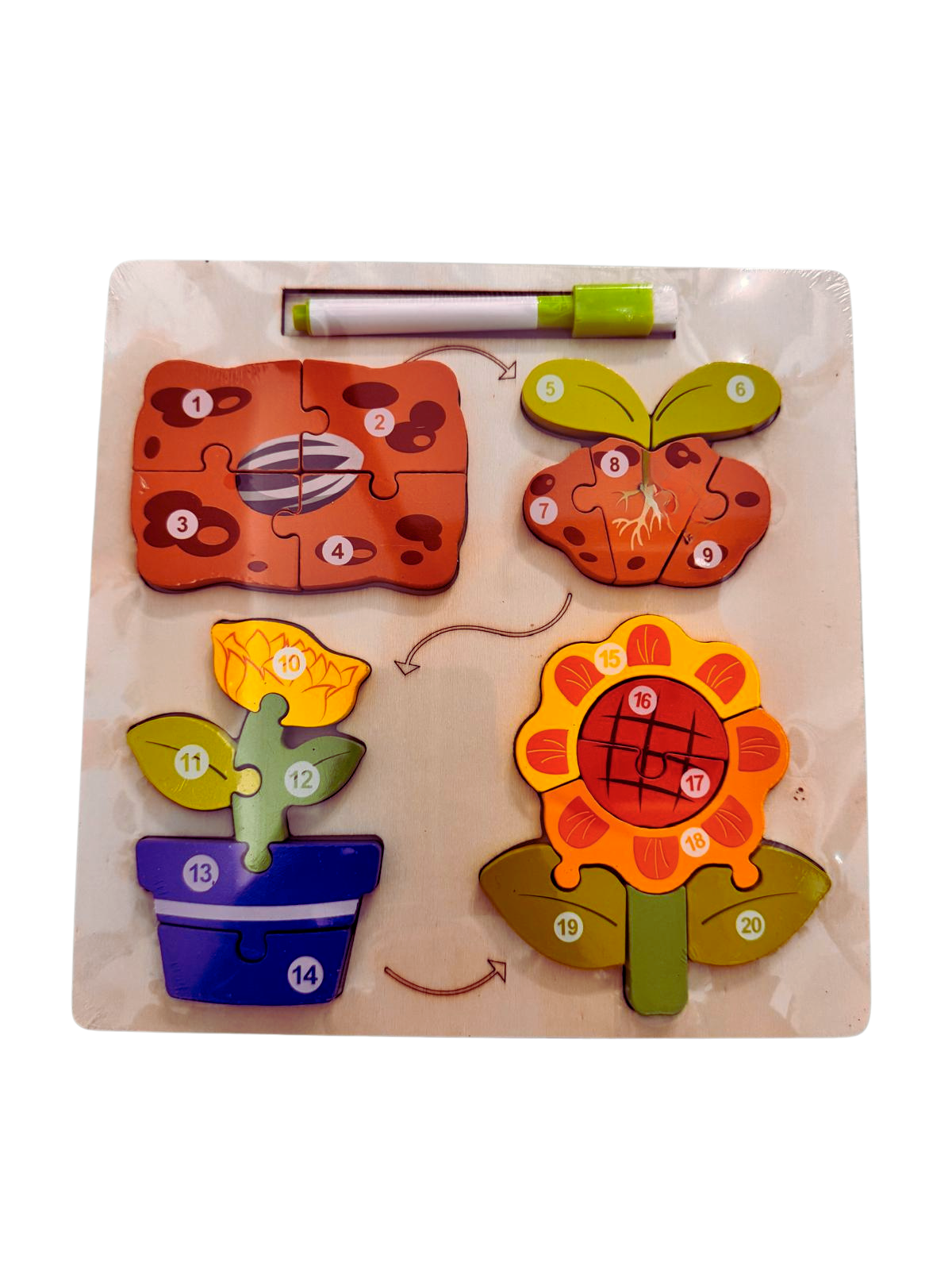 Puzzle din lemn 3D floare + tablita de desen cu marker - 20 piese