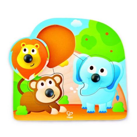 Puzzle din lemn cu butoni - Animale din Jungla cu nas mare - poza 1