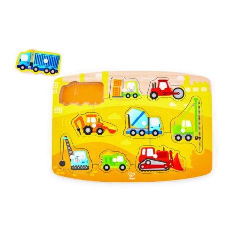 Puzzle din lemn cu butoni - Autovehicule de constructie - poza 1