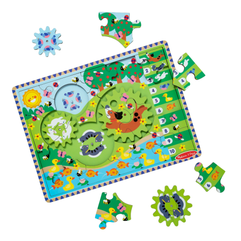 Puzzle din lemn cu rotite dintate pentru invatarea numararii prin joaca Animale vesele - poza 1