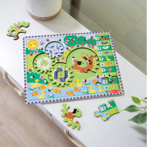 Puzzle din lemn cu rotite dintate pentru invatarea numararii prin joaca Animale vesele - poza 2