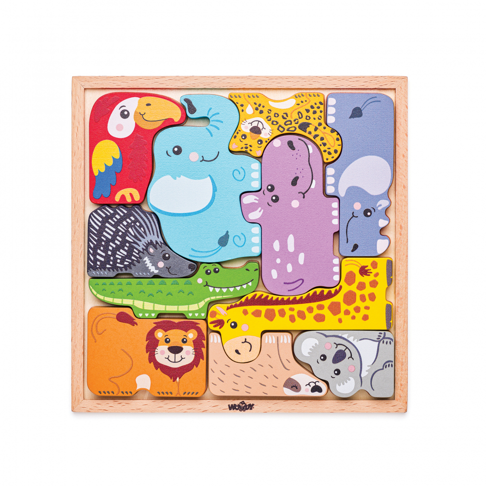 Puzzle din lemn , Forme de animale, 11 piese educative