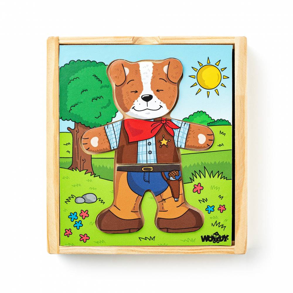 Puzzle din lemn , Imbraca catelul, joc educativ cu 18 piese