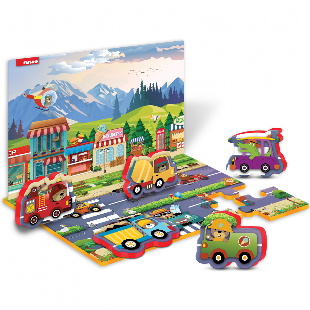 PUZZLE DIN SPUMA EVA, MASINI SI SEMNE DE CIRCULATIE, 17 PIESE, PUEDO