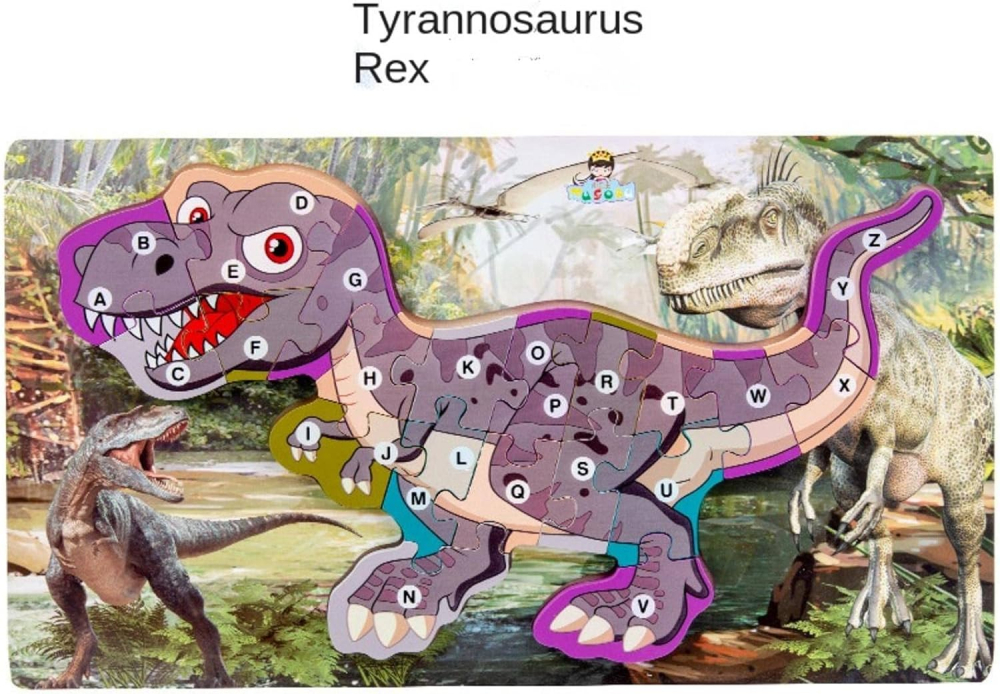 Puzzle dinozaur T-rex 3D incastru din lemn cu litere, 40x22 cm